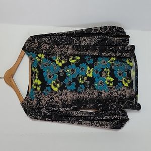 Alfani Petites Women's Black Tan Blue Yellow Animal Print & Floral Top, P/S